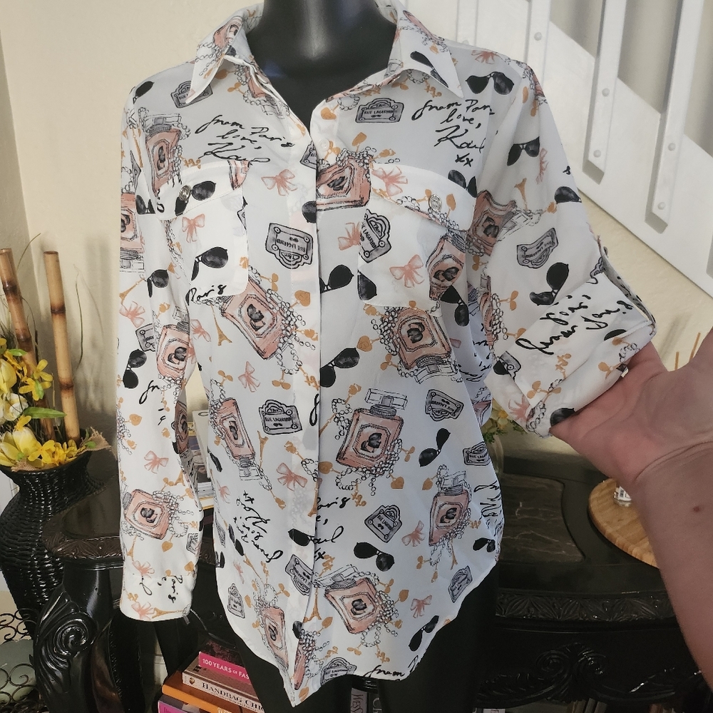 KARL LAGERFELD PARIS Whimsical Signature-Printed Blouse size M NWOT - Picture 4 of 8